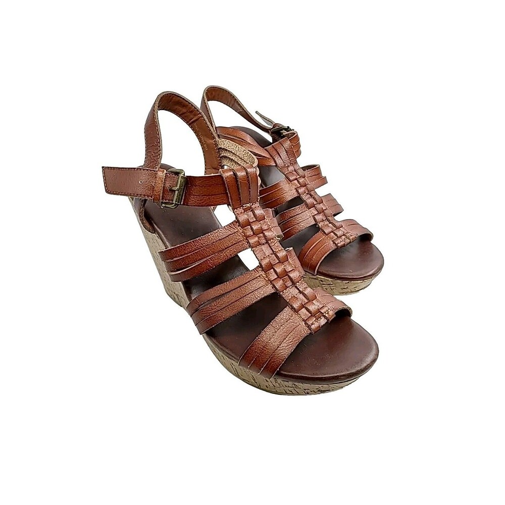 DV Dolce Vita Brown Cork Leather Buckle Wedge Sandals Open Toe Shoes Size 9.5